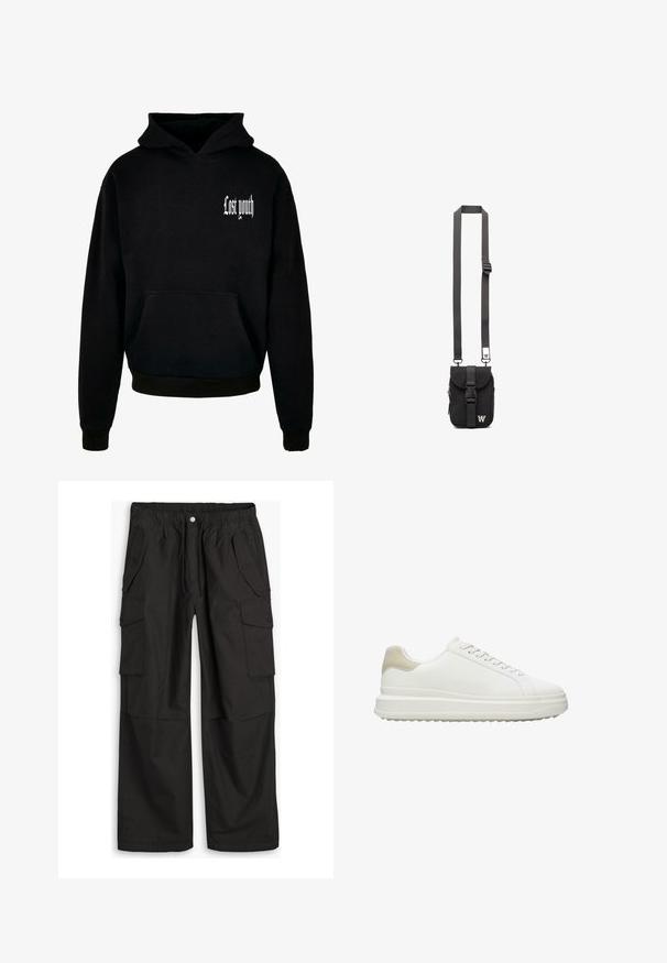 Sweatshirt à capuche noir avec une poche avant, portant le texte blanc "Lost youth" dans le coin supérieur gauche. Matière en mélange de coton.; Pantalons cargo noirs avec taille élastique, fermeture à bouton et fermeture éclair, et plusieurs poches à rabat avec boutons à l'avant et sur les côtés.; Baskets blanches en cuir lisse avec un accent beige texturé au talon, dotées de lacets ronds, d'un design profil bas et d'une semelle extérieure en caoutchouc.; Sac en bandoulière noir en tissu avec sangle réglable, rabat avant et poche zippée. Doté de quincaillerie de marque et d'une forme rectangulaire compacte.