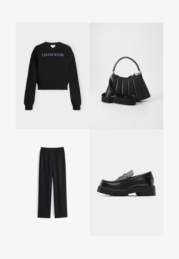 Schwarzes, kurz geschnittenes Sweatshirt mit langen Ärmeln und blauem „CALVIN KLEIN“-Schriftzug in Großbuchstaben auf der Brust, auf einfachem Hintergrund dargestellt.; Schwarze weite Hose aus glattem Stoff mit elastischem Bund und ohne sichtbare Taschen. Gerade Form mit sauberem Finish.; Schwarze Leder-Loafers mit einer chunky strukturierten Sohle, ausgestattet mit einem Riemen über dem Spann und einer glatten, polierten Oberfläche.; Schwarze, gefaltete Handtasche mit einem runden Griff, verstellbarem Schulterriemen und glänzender Textur. Verfügt über silberne Hardware und eine strukturierte Silhouette.