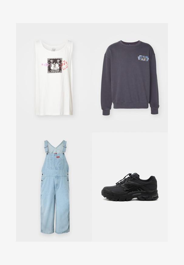 Sweatshirt gris avec un col ras du cou et des poignets côtelés. Présente un graphique "Star Wars" en bleu et bleu clair sur la poitrine.; Débardeur en coton blanc avec un imprimé graphique noir agrémenté d'éléments décoratifs en rose et orange. Encolure arrondie, sans manches.; Salopette en denim bleu clair avec bretelles ajustables, poche poitrine avant avec écusson logo et coupe pantalon à jambes larges.; Baskets de sport noires avec tissu texturé, semelle épaisse et rembourrée, aérations et fermeture à lacets, vues de profil sur fond clair.
