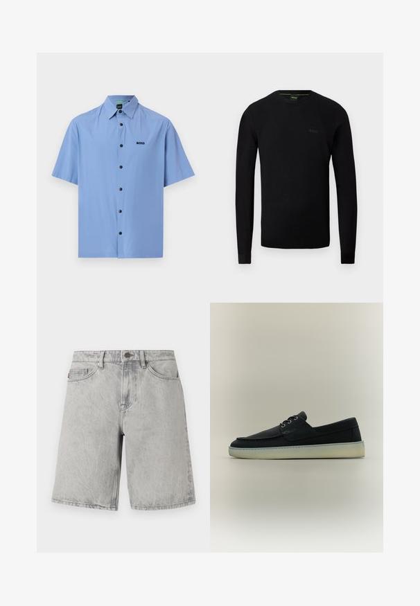 Pull noir à manches longues pour homme avec col rond, texture subtile sur les épaules et logo "BOSS" sur la poitrine à gauche.; Chemise à manches courtes bleu clair avec col pointu et boutons noirs, présentant un petit logo "BOSS" noir sur la poitrine gauche.; Shorts en jean gris clair avec fermeture par bouton et fermeture éclair, passants pour ceinture et poches avant, présentés sur un fond blanc.; Chaussure bateau décontractée en cuir noir avec semelle en caoutchouc blanche et laçage à l'avant, présentée de profil sur un fond neutre.