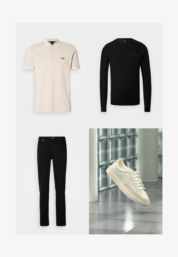 Suéter de hombre negro de manga larga con cuello redondo, con una textura sutil en los hombros y el logo "BOSS" en el lado izquierdo del pecho.; Camisa polo beige con cuello, tapeta de tres botones y logo negro bordado en el lado izquierdo del pecho. Mangas cortas con acentos blancos.; Pantalones de mezclilla negros con un ajuste slim, que cuentan con cierre de cremallera y diseño de cinco bolsillos. Textura suave y detalles de costura resistentes.; Zapatilla blanca de perfil bajo con detalles y cordones beige, con la marca "BOSS", flotando sobre un suelo pulido con una pared de bloques de vidrio al fondo.