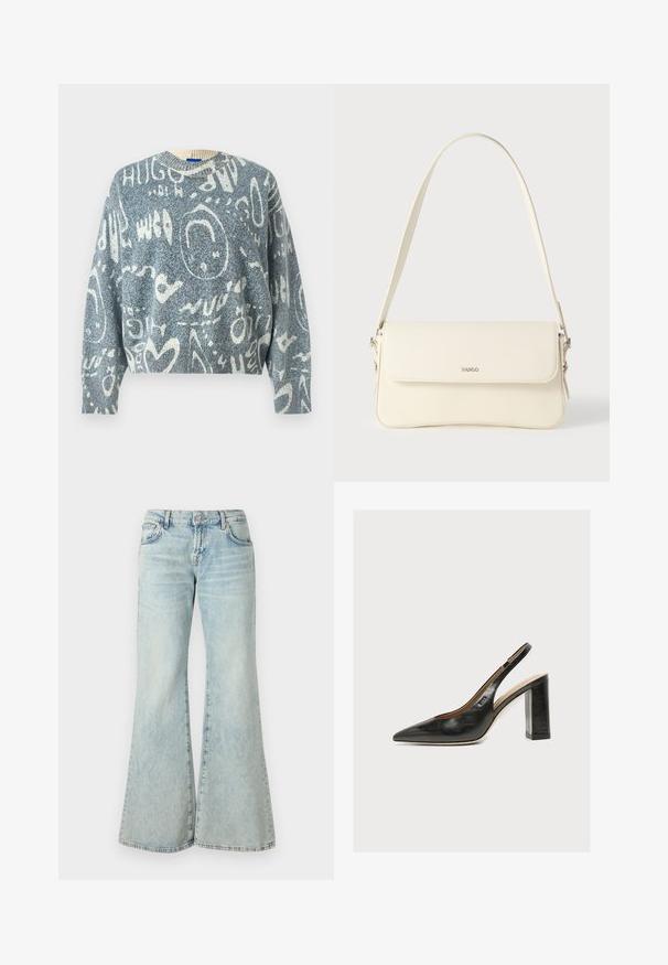 Blauw-witte gebreide trui met abstracte witte krabbels, vormen en gedeeltelijke tekstpatronen, voorzien van een ronde hals en lange mouwen.; Lichtblauwe flared jeans van denim, met een hoge taille, zakken en rafelige zomen. De stof heeft een vervaagde wassing en een subtiele textuur.; Zwarte leren dames slingbackpumps met spitse neus en dikke hoge blokhak op witte achtergrond.; Schoudertas van crèmegekleurd leer met een klepafsluiting, zilverkleurige hardware, een enkele verstelbare riem en subtiele logodetails.