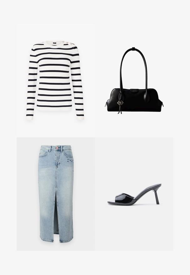 Suéter de punto a rayas en blanco y azul marino, con cuello redondo, mangas largas y botones decorativos en el hombro.; Fabienne Chapot CARLYNE SKIRT - Falda vaquera - light blue tinted; Sandalias de tacón con punta abierta de charol negro, con un diseño superior curvado y tacón de aguja cónico. Acabado liso y brillante.; Bolso de cuero negro Calvin Klein con correa larga para el hombro, laterales con cremallera y un colgante decorativo colgando de una correa.