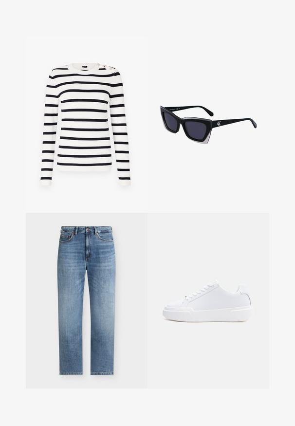 Strikket sweater med striber i hvid og navyblå, med rund hals, lange ærmer og dekorative knapper på skulderen.; Lyseblå straight-leg denim jeans med fem lommer, knaplukning og diskrete falmede detaljer på forsiden af lårene.; Hvid lavtop-sneaker med snørelukning, tyk sål og glat overdel, vist fra ydersiden mod en ensartet lys baggrund.; Store sorte oversized solbriller med geometrisk form, med mørke linser og en kontrasterende grå detalje på stellet. Logo på armen.