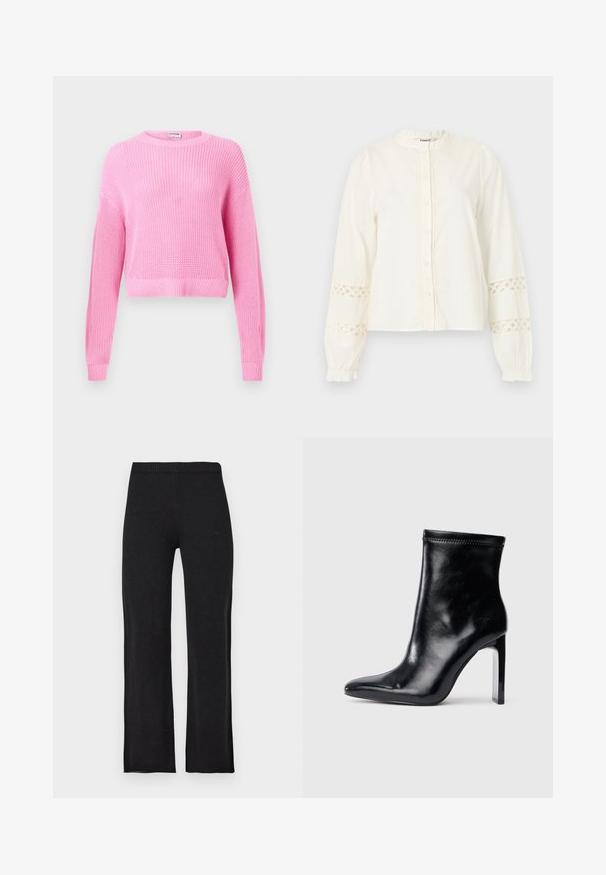Pull court en tricot rose avec manches longues, texture côtelée et col rond. Le tissu présente un tissage fin et une finition douce.; Blouse blanche à manches longues avec devant boutonné, bandes en dentelle sur les manches et col et poignets à volants.; Pantalon droit noir en maille avec taille élastique, présenté à plat sur fond clair.; Bottine en cuir noir avec un bout pointu et un talon transparent haut. Texture lisse et finition minimaliste sur le dessus.