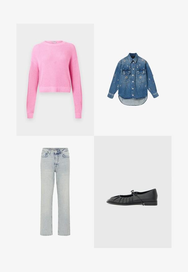 Roze gebreide cropped trui met lange mouwen, geribbelde structuur en ronde hals. De stof heeft een fijne weving en een zachte afwerking.; Lichtblauw denim overhemd met lange mouwen, twee borstzakken en bloemenversieringen. Gebogen zoom, knoopsluiting aan de voorkant en een puntige kraag.; My Essential Wardrobe MWWIDE 5 THE LOUIS - Relaxed fit jeans - light blue dirty wash; Zwarte platte schoen met geplooid voorkantontwerp en een gestrikte strik bovenop, lage hak en gladde textuur op een lichtgrijze achtergrond.