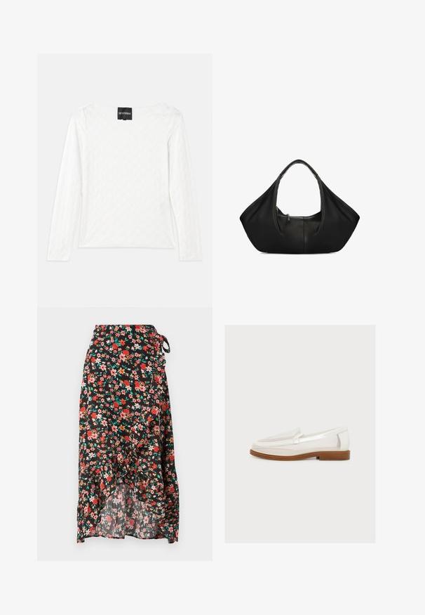 Hvid langærmet top med et struktureret diamantmønster, bred halsudskæring og et mærke på bagsiden med brandnavnet, Emporio Armani.; Blomsterindpakningsnederdel med sort baggrund, røde og pink blomster, flæsekant, justerbar bindebånd i taljen og letvægtsstof.; Hvid slip-on loafer med gennemsigtige mesh-sider og brun sål, vist i sideprofil på en ensfarvet lys baggrund.; Sort læderhåndtaske med en bred, rund krop og enkelt top-håndtag, med en lynlåslomme foran og minimalistisk design.