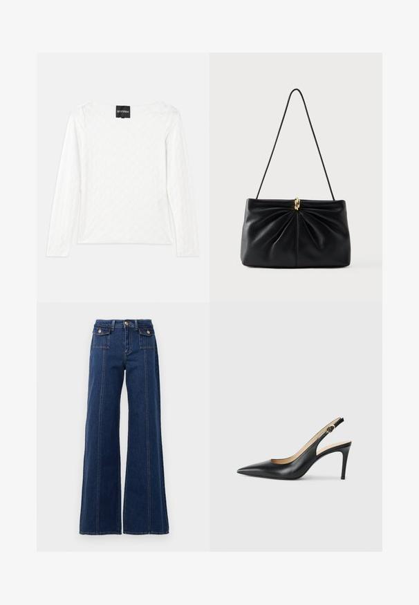 Witte lange mouwen top met een gestructureerd ruitpatroon, wijde halslijn en een label op de rug met de merknaam, Emporio Armani.; Donkerblauwe wijde jeans van denim. Bevat vier zakken, grote stikdetails en een hoge tailleontwerp. Klassieke knoopsluiting.; Zwarte leren slingback-hakken met een spitse neus, verstelbare band en een elegante stiletto-hak, met een gladde afwerking.; Zwarte leren handtas met een gedraaide ontwerp aan de voorkant, een enkele band en een gouden metalen accent in het midden. Glad oppervlak.