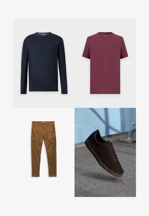 Pull à col rond bleu marine avec manches longues et côtes aux poignets et à l'ourlet, présenté sur un fond clair uni.; T-shirt uni manches courtes col rond en bordeaux avec un petit emblème foncé sur la poitrine gauche de Pier One.; Pantalons cargo droits marron avec bouton avant, passants de ceinture, poches latérales et arrière, et fermetures à rabat sur les poches de cuisse.; Sneakers marron avec un dessus en suède lisse, bout rond et accents en cuir noir. Présente des lacets marron, une semelle en caoutchouc et des détails de perforation subtils.