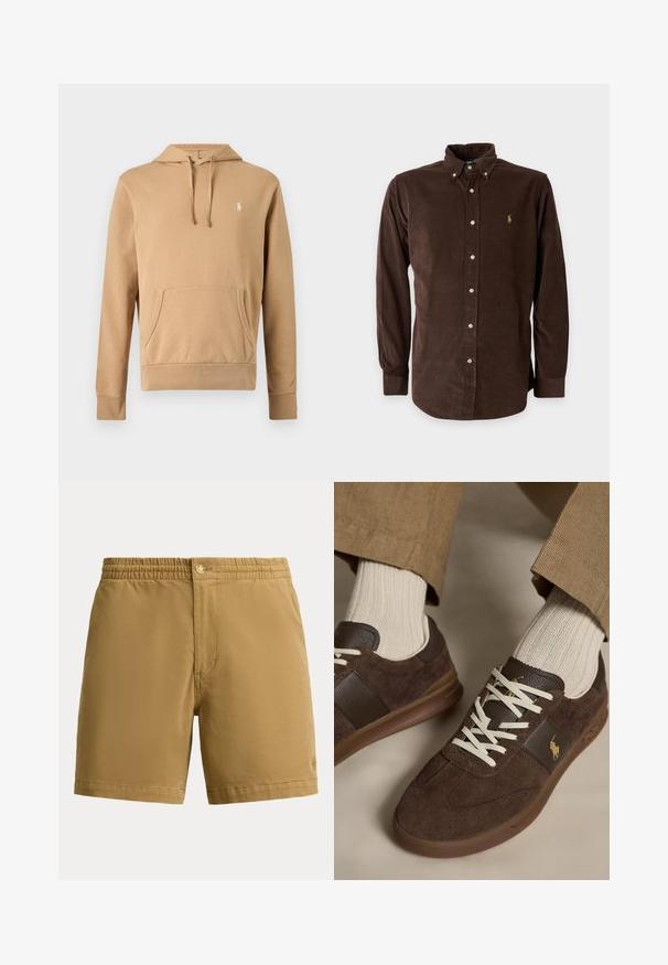 Sweat à capuche beige avec poche avant, capuche à cordon, manches longues et petit logo blanc brodé sur la poitrine.; Chemise marron à manches longues avec boutons, col et petit logo brodé sur le côté gauche de la poitrine.; Short pour homme couleur sable avec taille élastique et fermeture par bouton, design uni, longueur mi-cuisse, fabriqué en tissu lisse.; Baskets en daim marron avec lacets blancs portées avec des chaussettes côtelées beiges et un pantalon marron clair.