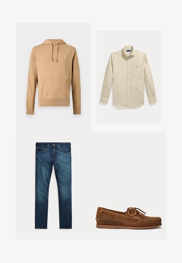 Beige capuchontrui met voorkantzak, capuchon met trekkoord, lange mouwen en een klein wit geborduurd logo op de borst.; Beige en witte verticale gestreepte overhemd met lange mouwen, kraag en Polo Ralph Lauren-logo geborduurd op de borst.; Donkerblauwe slim-fit jeans met vooraan een knoop en ritssluiting, vijf zakken en subtiel vervagen op de voorkant van de dijen en knieën.; Bruine leren bootschoen met mocassinnaad, veterdetail doorgedreven door metalen oogjes en een platte rubberen zool, gezien van opzij.