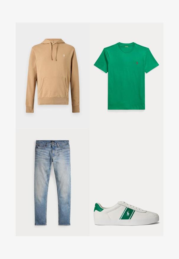 Beige capuchontrui met voorkantzak, capuchon met trekkoord, lange mouwen en een klein wit geborduurd logo op de borst.; Groene korte mouw T-shirt met ronde hals en klein rood Polo Ralph Lauren-logo geborduurd op de linkerborst.; Lichtblauwe denim jeans met een vervaagde afwerking, vijfzakkenontwerp en contrasterende stiksels. Heeft een ritssluiting en riemlussen. Rechte snit.; Witte lage sneaker met groene streep en Polo-logo aan de zijkant, groene hieltab en witte veters, vanaf de linkerkant getoond op een effen achtergrond.