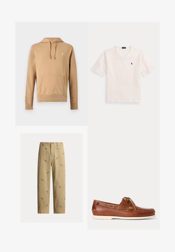 Beiger Kapuzenpullover mit Fronttasche, Kordelzug an der Kapuze, langen Ärmeln und kleinem weiß besticktem Logo auf der Brust.; Weißes Kurzarm-T-Shirt mit rundem Ausschnitt und kleinem navyblauem Polo Ralph Lauren-Logo auf der linken Brust.; Beige Cordhosen aus Cord mit bestickten Hundemotiven, geradem Beinschnitt und Fünf-Taschen-Design mit vorderem Knopfverschluss.; Brauner Leder-Bootsschuh mit weißer Sohle, oben geschnürte Schnürsenkel und Metallösen entlang der Seiten und der vorderen Naht.
