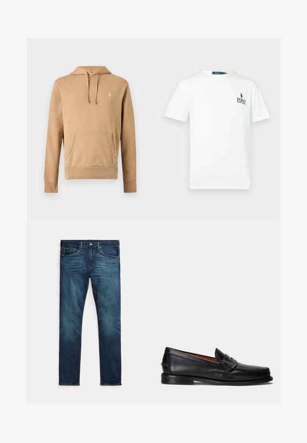 Beige hættetrøje med frontlomme, snøre i hætten, lange ærmer og lille hvidt broderet logo på brystet.; Hvid bomulds t-shirt med rund hals, korte ærmer og et blåt "POLO Ralph Lauren" logo på venstre bryst.; Mørkeblå slim-fit jeans med frontknap og lynlås, fem lommer og subtil falmen på forreste lår og knæ.; Sort læderloafer med lav hæl og pennyremdetalje, vist fra siden på en lysegrå baggrund.