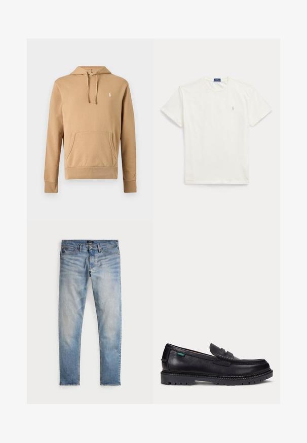Beige capuchontrui met voorkantzak, capuchon met trekkoord, lange mouwen en een klein wit geborduurd logo op de borst.; Witte T-shirt met korte mouwen en ronde hals met een klein lichtbeige Polo Ralph Lauren-logo op de linkerborst.; Lichtblauwe denim jeans met een vervaagde afwerking, vijfzakkenontwerp en contrasterende stiksels. Heeft een ritssluiting en riemlussen. Rechte snit.; Zwarte leren loafer met dikke geprofileerde zool en klein groen "Polo" label aan de buitenkant bij de hiel.