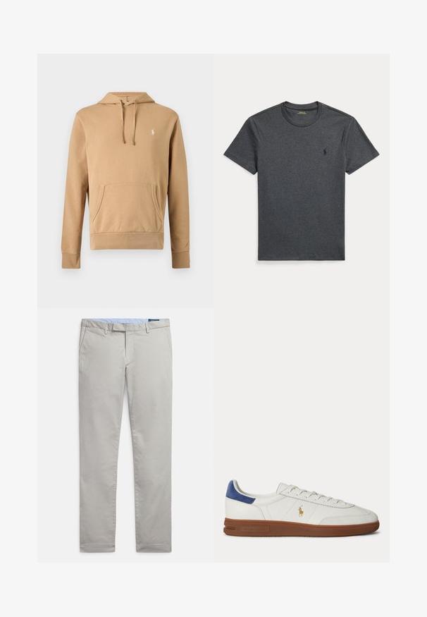 Sudadera con capucha beige con bolsillo delantero, capucha con cordón, mangas largas y pequeño logo blanco bordado en el pecho.; Camiseta de manga corta y cuello redondo en gris oscuro con un pequeño logo negro bordado en el pecho izquierdo.; Pantalones chinos gris claro hechos de tejido de algodón suave, con un diseño clásico, piernas rectas, bolsillos laterales y un acabado limpio en los dobladillos.; Zapatilla blanca de caña baja con suela marrón, lengüeta azul en el talón, cordones y logo dorado de Polo Ralph Lauren en el lateral.
