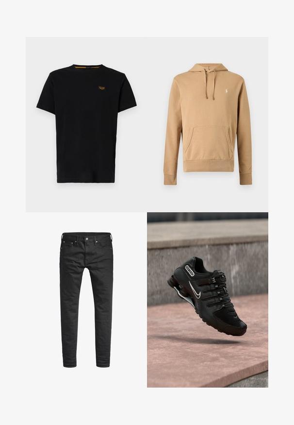 Sweat à capuche beige avec poche avant, capuche à cordon, manches longues et petit logo blanc brodé sur la poitrine.; T-shirt en coton noir à manches courtes, col rond, avec une petite étiquette de marque jaune contrastante sur la zone du côté gauche de la poitrine.; Jeans noirs slim-fit avec poches avant, passants de ceinture, et fermeture à bouton, présentés sur un fond blanc.; Chaussure de running Nike Shox noire avec logo swoosh blanc, en l'air au-dessus d'une surface en béton rosée devant un mur en pierre gris.