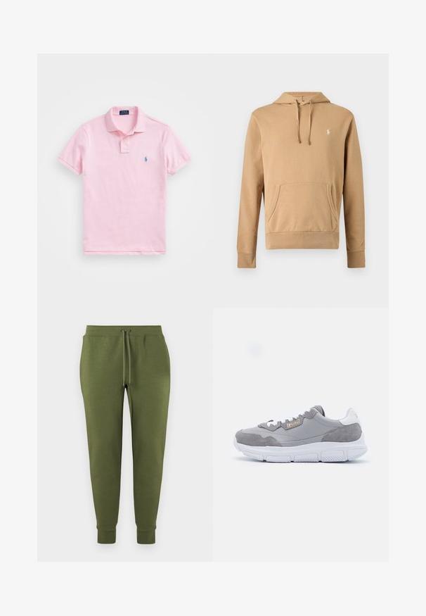 Sweat à capuche beige avec poche avant, capuche à cordon, manches longues et petit logo blanc brodé sur la poitrine.; Polo shirt rose clair en coton, avec une patte de boutonnage à deux boutons, des manches courtes et un petit logo bleu brodé sur la poitrine.; Pantalon de jogging vert olive avec taille élastique et cordon, jambes fuselées et poignets côtelés.; Baskets de sport grises en matériau suédé et synthétique, semelle en caoutchouc blanc, design à lacets et accent de logo doré sur le côté.