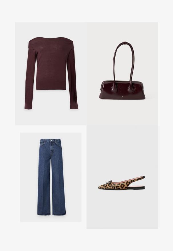 Mørkebrun off-shoulder stram striktrøje med lange ærmer og ribbede manchetter og kant mod en ensartet lys baggrund.; Mørkeblå højtaljede jeans med vide ben, forlommer, bæltestropper, knaplukning og synlige foldelinjer ned ad benene.; Pretty Ballerinas MURABI - Slingback-ballerinasko - brown; Mørkebrunt blankt læderhåndtaske med lange, tynde håndtag og en struktureret rektangulær bund på en ensfarvet lys baggrund.