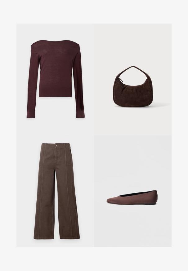 Mørkebrun off-shoulder stram striktrøje med lange ærmer og ribbede manchetter og kant mod en ensartet lys baggrund.; Brune viddebukser lavet af glat stof, med sømme foran og en enkelt metalknap lukning i taljen.; Brune balletflade sko i stof med spids tå og glat tekstur, med lav hælkappe og tynd sort sål. Ingen synlige mønstre eller beslag.; Mørkebrun ruskindshåndtaske med kort rem og afrundet rektangulær form på en ensfarvet lys baggrund.