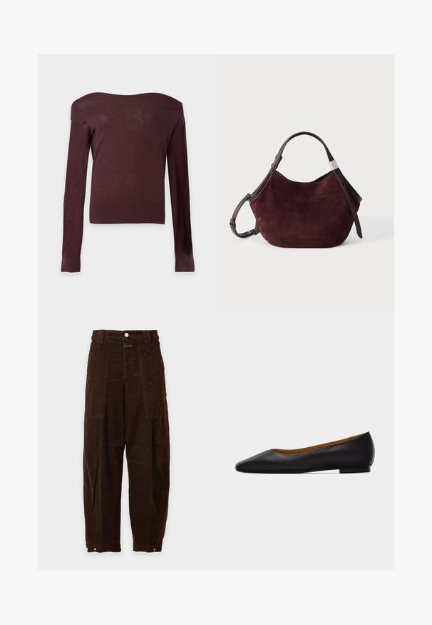 Pull moulant marron foncé à épaules dénudées, manches longues, avec poignets et ourlet côtelés sur un fond clair uni.; Pantalon large en velours côtelé marron foncé, taille haute, poches plaquées à l'avant, fermeture par bouton et poignets réglables à pressions aux chevilles.; Chaussure plate en cuir noir à bout pointu avec talon bas et finition lisse, vue de côté sur un fond gris clair.; Sac à main en daim brun foncé avec une forme arrondie, une poignée courte et une bandoulière réglable sur un fond clair uni.