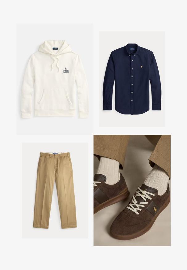 Sweat à capuche crème en tissu mélangé coton, avec poche avant, capuche à cordon de serrage, et logo brodé bleu marine sur la poitrine.; Chemise bleu marine à manches longues avec boutons, col boutonné et petit logo jaune Polo Ralph Lauren sur la poitrine gauche.; Pantalon chino beige en tissu de coton. Coupe droite avec un devant plat, deux poches latérales et une ceinture avec fermeture par bouton.; Baskets en daim marron avec lacets blancs portées avec des chaussettes côtelées beiges et un pantalon marron clair.