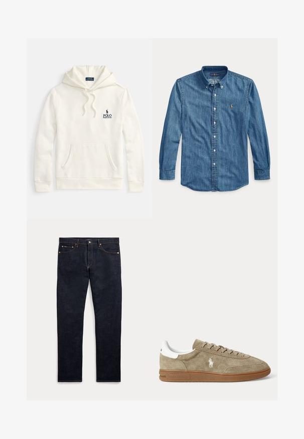 Sudadera con capucha color crema, confeccionada con una mezcla de algodón, que cuenta con un bolsillo delantero, capucha con cordón ajustable y un logo bordado en azul marino en el pecho.; Camisa azul de mezclilla de manga larga con cuello y pequeño logo bordado en el pecho izquierdo junto a los botones.; Vaqueros de mezclilla azul oscuro con cinco bolsillos, cierre de botón y cremallera, y costuras doradas visibles, mostrados planos sobre un fondo claro.; Zapatilla baja de ante beige con suela marrón, detalle blanco en el talón, cordones y un logo bordado blanco de un jugador de polo en el lateral.