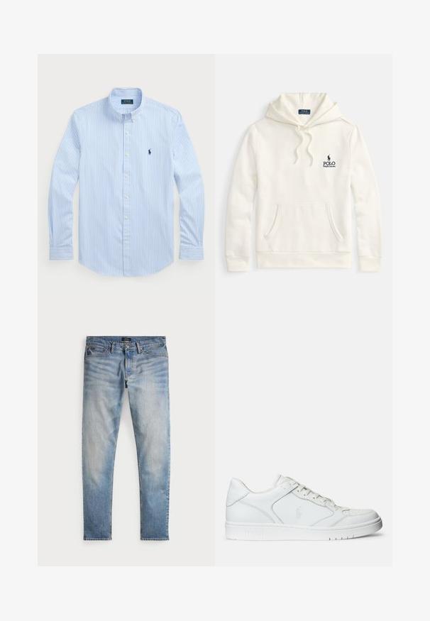 Crèmekleurige hoodie gemaakt van katoenmixstof, met een zak aan de voorkant, een capuchon met trekkoord en een geborduurd marineblauw logo op de borst.; Lichtblauw gestreept overhemd met knopen, lange mouwen, witte knopen, klassieke kraag, voorzien van een klein marineblauw logo op de linkerborst. Katoenen stof.; Lichtblauwe denim jeans met een vervaagde afwerking, vijfzakkenontwerp en contrasterende stiksels. Heeft een ritssluiting en riemlussen. Rechte snit.; Witte leren sneaker met een gladde textuur, voorzien van een geperforeerde neus, vetersluiting en geborduurde logo aan de zijkant. Witte rubberen zool.