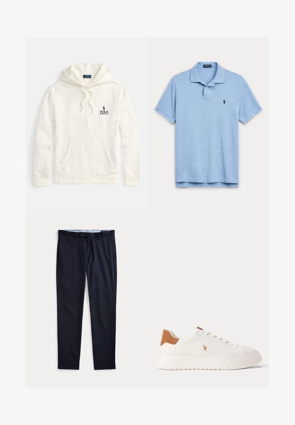Crèmekleurige hoodie gemaakt van katoenmixstof, met een zak aan de voorkant, een capuchon met trekkoord en een geborduurd marineblauw logo op de borst.; Lichtblauw polohemd met korte mouwen, een twee-knops sluiting en een klein donker logo op de linkerborst.; Donkerblauwe herenkleedbroek met ceintuurlussen, ritssluiting en zijzakken, plat gelegd op een witte achtergrond.; Witte lage sneaker met beige hieltab, witte veters en klein geborduurd polo spelerlogo aan de zijkant boven een dikke zool.