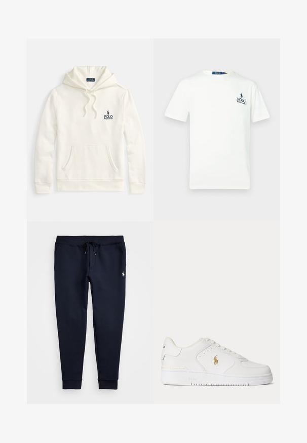 Crèmekleurige hoodie gemaakt van katoenmixstof, met een zak aan de voorkant, een capuchon met trekkoord en een geborduurd marineblauw logo op de borst.; Witte katoenen t-shirt met een ronde hals, korte mouwen en een blauw "POLO Ralph Lauren" logo op de linkerkant van de borst.; Marineblauwe joggingbroek met trekkoord in de taille, zijzakken, geribbelde enkels en klein wit paardenlogo op de rechterdij.; Witte lage leren sneaker met witte veters en een gouden Polo Ralph Lauren-logo aan de zijkant en "Polo" in de zool gegraveerd.
