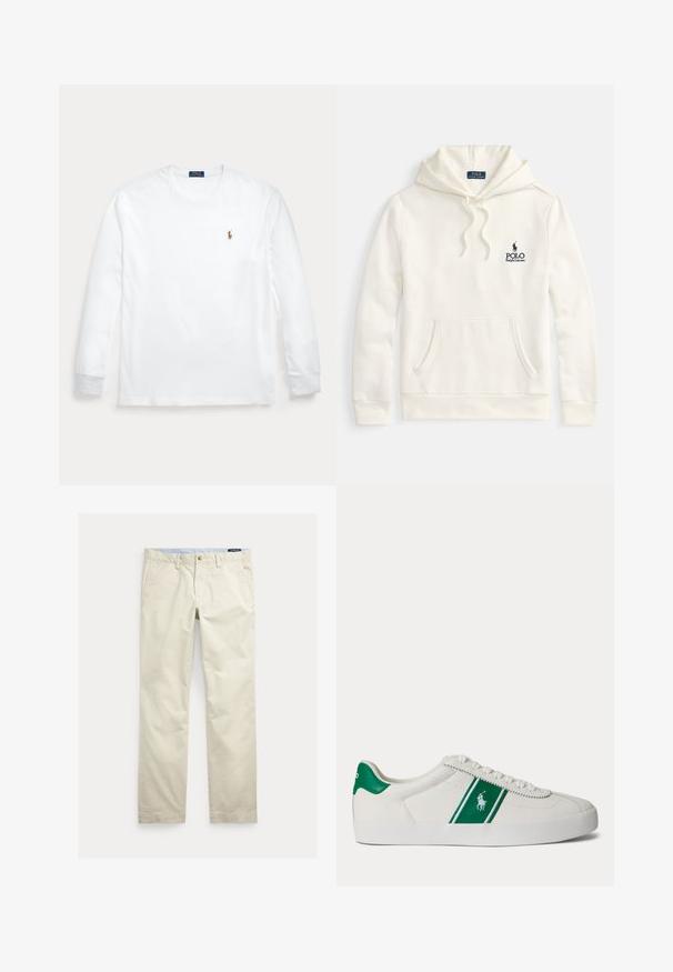 Crèmekleurige hoodie gemaakt van katoenmixstof, met een zak aan de voorkant, een capuchon met trekkoord en een geborduurd marineblauw logo op de borst.; Witte longsleeve met ronde hals en klein geborduurd Polo Ralph Lauren-logo op de linkerborst.; Beige katoenen broek met rechte pijpen, riemlussen, voorste knoop, ritssluiting en zijzakken.; Witte lage sneaker met groene streep en Polo-logo aan de zijkant, groene hieltab en witte veters, vanaf de linkerkant getoond op een effen achtergrond.