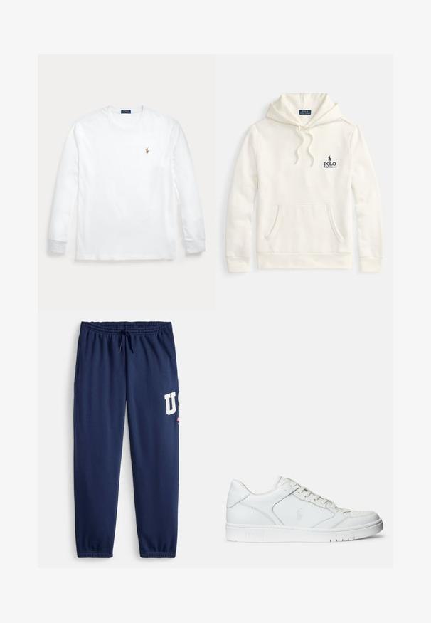 Cremefarbener Hoodie aus einem Baumwollmischgewebe, mit einer Fronttasche, Kapuze mit Kordelzug und einem bestickten marineblauen Logo auf der Brust.; Weißes Langarmshirt mit Rundhalsausschnitt und kleinem besticktem Polo Ralph Lauren-Logo auf der linken Brust.; Marineblaue Sweatpants aus Baumwollmischung, mit elastischem Bund und Kordelzug, seitlichen Taschen und einem großen weißen "US"-Logo.; Weißer Ledersneaker mit glatter Textur, ausgestattet mit einer perforierten Zehenpartie, Schnürverschluss und gesticktem Logo an der Seite. Weiße Gummisohle.
