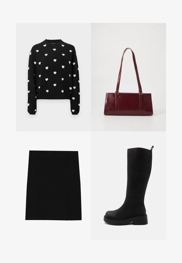 Pull noir en tissu tricoté, présentant un col rond et des manches longues, orné de petits motifs de cœurs blancs sur l'ensemble.; Mini-jupe noire en tissu doux avec une coupe ajustée, présentant une légère fente sur le côté pour plus de style.; Botte noire haute avec semelle épaisse et petit talon bloc, texture lisse, et petite boucle en haut à l'arrière pour enfiler.; Sac à main bordeaux en matériau brillant, de forme rectangulaire, avec deux anses et des accents légèrement courbés à l'avant.