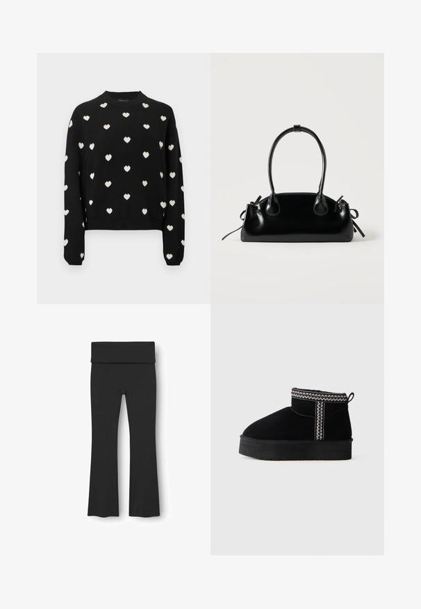 Pull noir en tissu tricoté, présentant un col rond et des manches longues, orné de petits motifs de cœurs blancs sur l'ensemble.; Leggings noires évasées en tissu lisse et extensible. Dotés d'une taille large et d'un design minimaliste sans motifs ni accents.; Bottine en suède noir avec une semelle épaisse et une broderie blanche en zigzag autour du bord supérieur et de la couture latérale verticale, sur fond uni.; Petit sac à main noir brillant avec deux longues anses et des détails à cordon sur les côtés sur un fond clair uni.