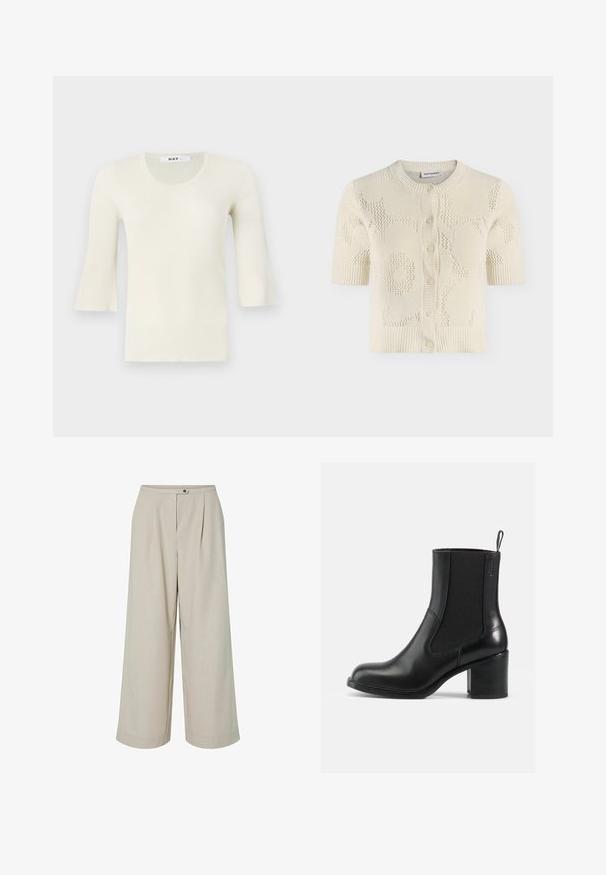Top de manga larga con cuello redondo en un tono crema claro y con relieve. Fabricado en un tejido texturizado, de acabado suave y diseño minimalista.; Cárdigan de punto de color crema con mangas cortas, botones en la parte delantera y un sutil patrón floral texturizado.; Pantalones beige de pierna ancha con cintura alta, cierre delantero de botón y cremallera, y dobladillos cosidos.; Botín de cuero negro hasta el tobillo con paneles laterales elásticos, punta redonda y tacón cuadrado. Textura suave con detalles de costura mínimos.