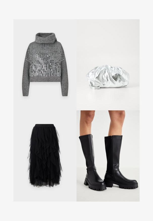 Pull cropped gris avec un col montant, présentant des rayures verticales alternées de sequins métalliques et de texture tricotée. Poignets et ourlet côtelés.; Jupe midi en tulle noir à plusieurs couches avec une taille ajustée et un ourlet asymétrique à volants.; Cuissardes noires en simili cuir lisse avec une semelle épaisse, fermeture éclair sur le côté et bout arrondi.; Pochette argent métallique avec un corps doux et froncé et une fine bandoulière. Présente une texture lisse et brillante ainsi qu'une forme arrondie.