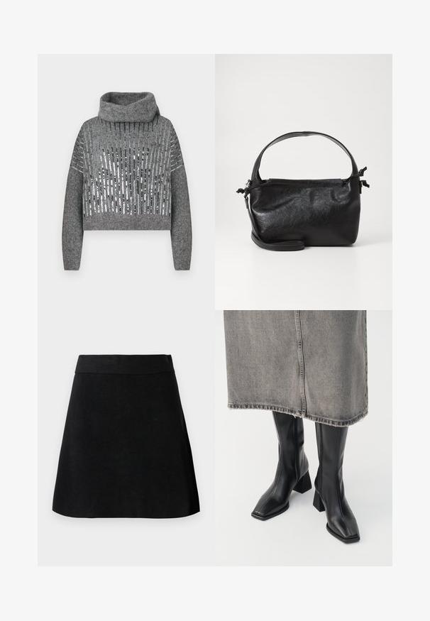 Grå kort sweater med høj hals, der har skiftende lodrette striber af metalliske pailletter og strikket tekstur. Ribkanter ved ærmerne og i kanten.; Sort A-line nederdel med bred talje, glat tekstur og enkelt design, vist mod en lysegrå baggrund.; Sorte knæhøje støvler i glat læder med firkantet tå og blokeret hæl. Båret med en grå denimnederdel med flosset kant.; Sort læderhåndtaske med et struktureret design, rund tophåndtag og aftagelig skulderrem. Den har en glat tekstur og en subtil glans.