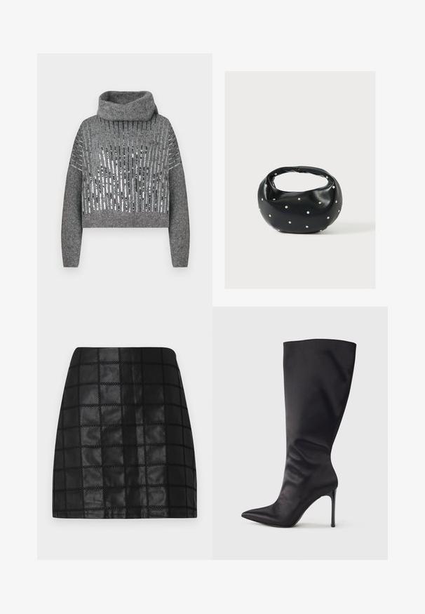 Grå kort sweater med høj hals, der har skiftende lodrette striber af metalliske pailletter og strikket tekstur. Ribkanter ved ærmerne og i kanten.; Sort læder mini-sundskørt med et struktureret gittermønster, der har forhøjede sømme og en slank silhuet. Den glatte overflade fremhæver designet.; Sort knæhøj stiletstøvle lavet af glat, glansfuldt materiale; spids tå; tætsiddende pasform med let samling nær anklen; skinnende hæl.; Sort læderhåndtaske med en rundet form, dekoreret med sølvnitter, og et kort håndtag. Glat tekstur og lynlåslukning.