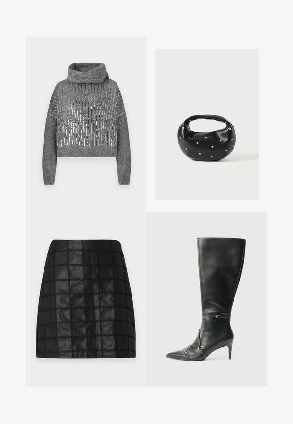 Suéter gris corto con cuello alto, que presenta franjas verticales alternas de lentejuelas metálicas y textura de punto. Puños y dobladillo de canalé.; Minifalda de cuero negro con un patrón de cuadrícula texturizado, presenta costuras elevadas y una silueta ajustada. El acabado liso realza el diseño.; Botas negras de cuero hasta la rodilla con tacón delgado, punta afilada y detalles de diseño con correas en el tobillo. Textura suave y diseño ajustado.; Bolso de mano de cuero negro con forma redondeada, decorado con detalles de tachuelas plateadas y un asa corta. Textura lisa y cierre con cremallera.