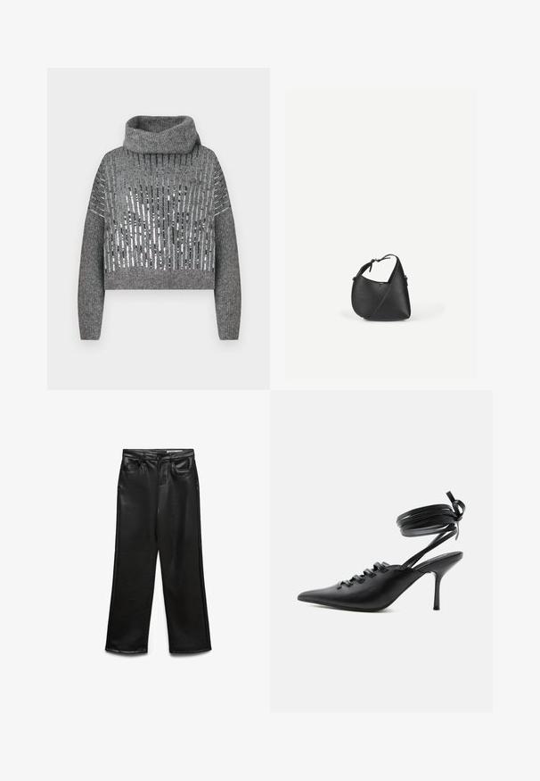 Suéter gris corto con cuello alto, que presenta franjas verticales alternas de lentejuelas metálicas y textura de punto. Puños y dobladillo de canalé.; Pantalones de pierna ancha de cuero sintético negro con bolsillos frontales, trabillas para cinturón y un brillo sutil. Textura suave y ajuste entallado.; Zapato de tacón alto negro con punta puntiaguda, con cordones en la parte delantera y correas que rodean el tobillo atadas con un lazo, mostrado de lado sobre un fondo blanco.; Bolso de hombro de cuero negro con forma triangular redondeada y correa ajustable sobre un fondo liso y claro.