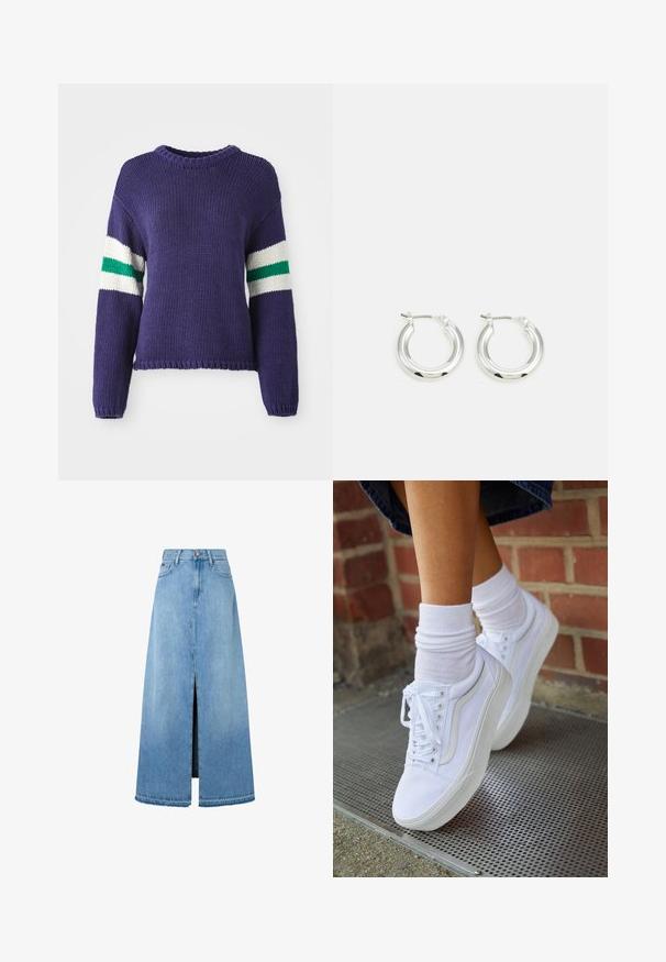 Paarse gebreide trui met een ronde hals en lange mouwen, met witte en groene lijnen op de bovenste mouwen en een cropped zoom.; Lichtblauwe denim maxi rok met een voorin gespleten stijl, typische A-lijn vorm, afgewerkt zoom en klassiek vijfzakken ontwerp. Knoopsluiting bij de taille.; Witte canvas sneakers met rubberen zolen, voorzien van zes vetertjes, een ronde neus en lichte stikdetails, gecombineerd met witte enkelsokken.; Zilveren oorbellen in de vorm van een ring met een gepolijste afwerking, met een cirkelvorm en een scharnierende postsluiting. Glad oppervlak met minimale details.