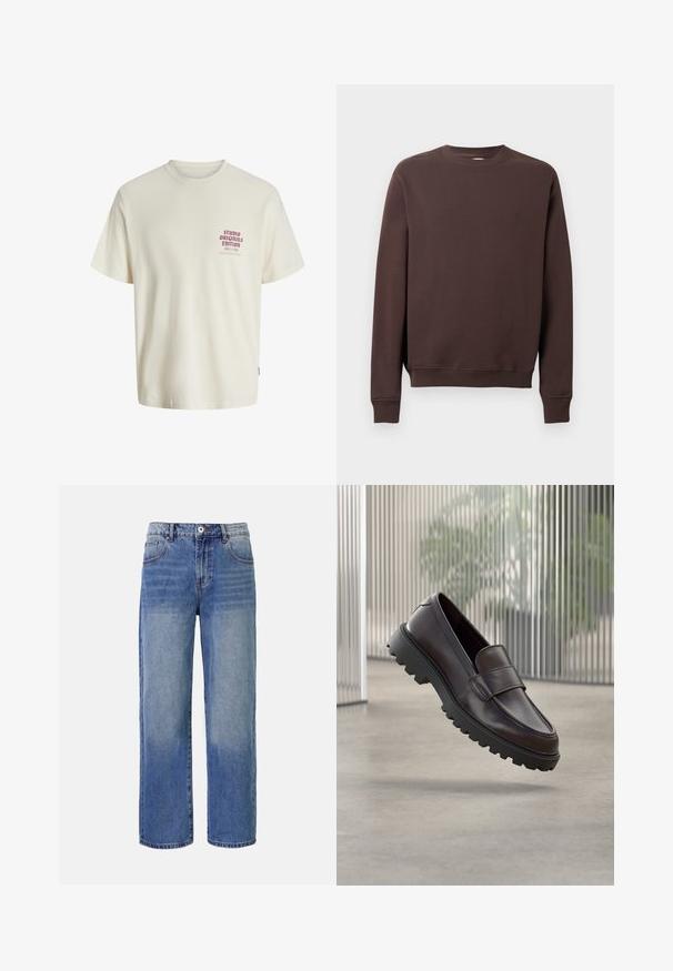 Sudadera marrón de tejido suave, con cuello redondo, mangas largas, puños acanalados y un pequeño logo en el pecho.; Camiseta blanca de manga corta con el texto rojo "Edición de Studio Originals" en el lado izquierdo del pecho, exhibida sobre un fondo gris neutro.; Jeans de mezclilla de pierna ancha en azul claro con un patrón de desvanecimiento, cinco bolsillos y cierre de cremallera. Presenta un botón y passadores para el cinturón en la cintura.; Zapato de cuero marrón tipo mocasín con punta redondeada y suela de goma negra resistente. Presenta una correa decorativa sobre el empeine.