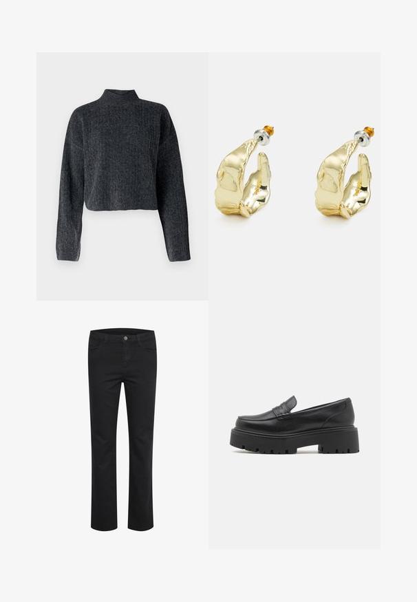 Afskåret, mørkegrå sweater med høj hals og lange ærmer. Fremstillet af tekstureret strikket stof med diskrete mønstre gennem hele. ; Sorte denimbukser med lige ben-design, der har to frontlommer og en enkelt metalknap ved taljen. Glat tekstur.; Sorte læder loafers med en lav, grov gummi sål, syede detaljer på overdelen og en glat overflade.; Guldtonede øreringe formet som abstrakte hænder, med en skinnende overflade, intrikate detaljer og en sølv- og guldfarvet post til sikker fastgørelse.