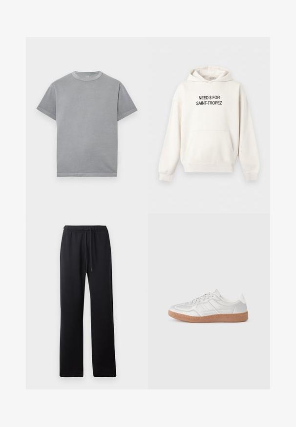 Sweat à capuche blanc avec poche kangourou devant et texte noir "NEED $ FOR SAINT-TROPEZ" centré sur la poitrine.; T-shirt gris uni à manches courtes avec col rond, coutures apparentes et petit logo GAP à l'intérieur du col.; Abercrombie & Fitch ESSENTIAL BAGGY OPEN HEM CASUAL - Pantalon de survêtement - black; Baskets argentées avec une texture lisse, un design à lacets, des accents perforés et une semelle en caoutchouc marron texturé.