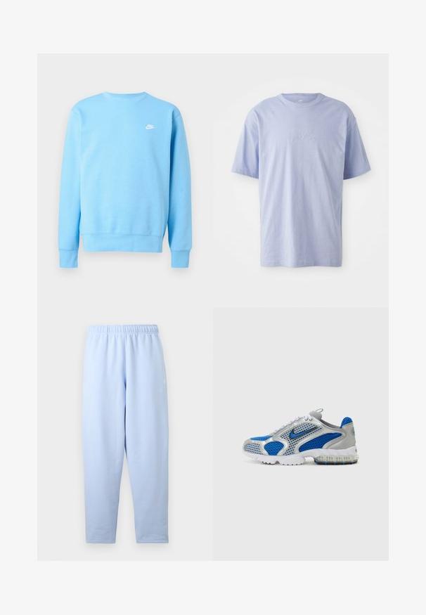 Világoskék, hosszú ujjú Nike pulóver környakkal és kis fehér Nike logóval a bal mellrészen.; Világoskék pamut póló kerek nyakkivágással és rövid ujjakkal. A középen elhelyezkedő domború "nike" logóval rendelkezik. Puha tapintású.; Világoskék, egyenes szabású melegítőnadrág gumis derékrésszel, finom oldalsó logóval, zsebek vagy egyéb részletek nélkül.; Kék és ezüst sportcipők hálós panelek, párnázott bokarész és áttetsző talp kék részletekkel. A kontrasztos cipőfűzők teszik teljessé a megjelenést.