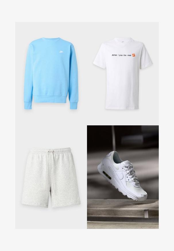 Φωτεινό γαλάζιο μακρυμάνικο φούτερ Nike με στρογγυλή λαιμόκοψη και μικρό λευκό λογότυπο Nike στο αριστερό μέρος του στήθους.; Λευκό κοντομάνικο μπλουζάκι με το κείμενο "Nike Sportswear" σε γκρίζο και ναυτικό μπλε και πορτοκαλί λογότυπο Nike στο στήθος.; Ανοιχτό γκρι βαμβακερά σορτς με ελαστική ζώνη μέσης και ρυθμιζόμενο κορδόνι. Διαθέτουν λευκή διακοσμητική λεπτομέρεια με λογότυπο στην κάτω αριστερή πλευρά.; Λευκό αθλητικό παπούτσι Nike Air Max 90 με άνω μέρος από διχτυωτό και δερμάτινο υλικό, τρυπητό μπροστινό μέρος και ορατή μονάδα αέρα στη φτέρνα.