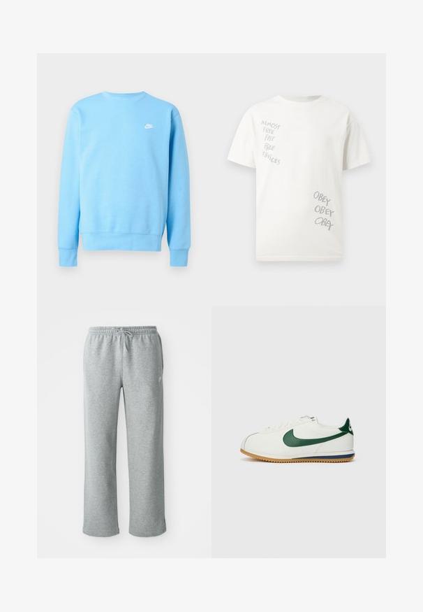 Lyseblå Nike sweatshirth med lange ærmer, rund halsudskæring og lille hvid Nike-logo på venstre bryst.; Hvid T-shirt med korte ærmer med grå tekst på forsiden: "NÆSTEN GRATIS GRATIS GRATIS TJENESTER" på venstre bryst og "ADLYD ADLYD ADLYD" nederst til højre.; Grå bomulds sweatpants med elastisk talje, snorelukning og lige ben. Har et lille logo på den øverste venstre side.; Nike sneakers med en overdel i hvid læder, grønne detaljer, gummisål med tekstureret mønster og klassisk snørebåndsdesign.