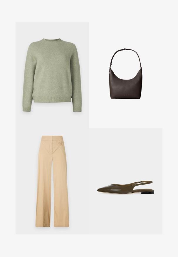 DRYKORN PEMIRI - Strickpullover - green; Beige weite Hosen aus Baumwollmischgewebe. Sie haben eine glatte Textur, einen elastischen Bund und eine seitliche Knopfdetail.; Olivgrüner Slingback-Flachschuh mit spitzer Zehenpartie, niedrigem schwarzem Absatz und glattem, glänzendem Finish.; Dunkelbraune, strukturierte Leder-Schultertasche mit einem einzelnen Riemen und kleinem Calvin Klein Logo vorne in der Mitte.