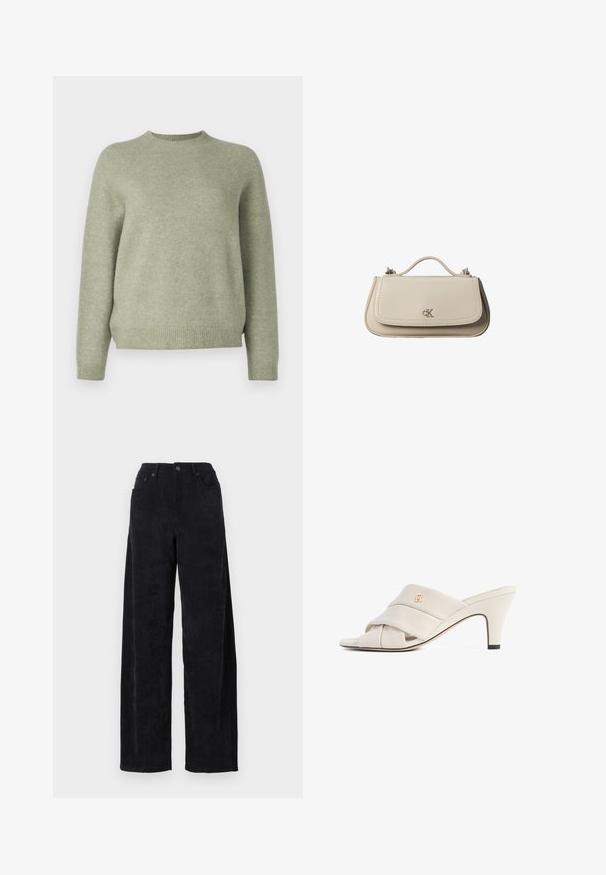 DRYKORN PEMIRI - Jersey de punto - green; Pantalones de sarga ancha negros con una cintura alta, que cuentan con dos bolsillos frontales y una sutil textura de canalé vertical.; Mules de tacón alto beige con diseño de tira de cuero torcida, punta abierta y detalle de logotipo en relieve. El tacón tiene un detalle en punta negra.; Pequeño bolso de mano de cuero beige con asa superior y logo plateado de CK en la solapa frontal, mostrado sobre un fondo blanco.