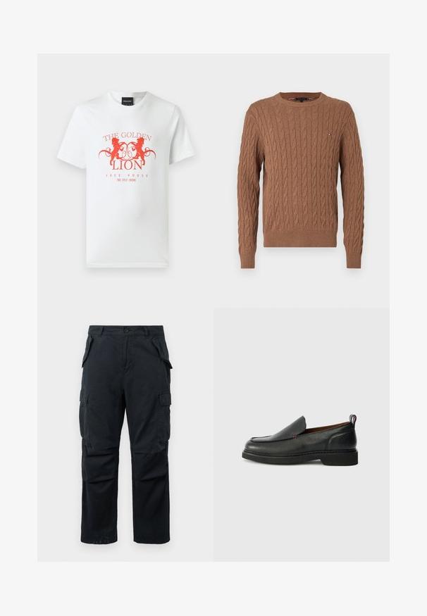 Brun kabelstrikket sweater med rund halsudskæring og ribbede ærmer og kant. Har et lille logo-accent på brystet.; Hvid bomulds t-shirt med et rødt grafisk print af to løver og teksten "THE GOLDEN LION FREE HOUSE" i et cirkulært design. Korte ærmer.; Svarte cargo bukser lavet af holdbart stof, med flere sidelommer, lige ben-design og en knaplukning ved taljen.; Sorte læder slip-on sko med rund tå, struktureret overdel, kontrasterende rød syning og lav hæl. Funktioner en løkke pull tab.